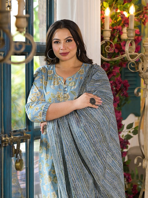 Women Plus Size Blue Pure Cotton Kurta Set With Dupatta